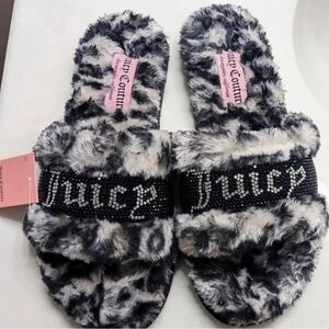 Juicy Couture Black & White Faux Fur Rhinestone Logo Slides